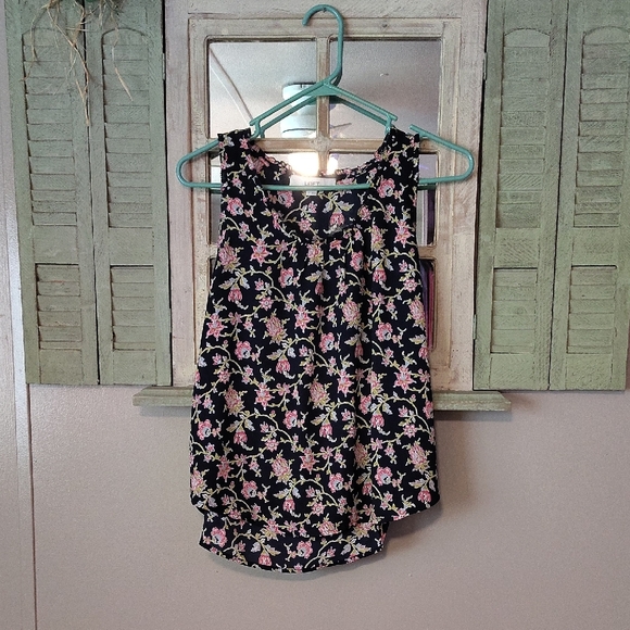 LOFT Black Tank Top with Pink Floral Pattern - Picture 1 of 3
